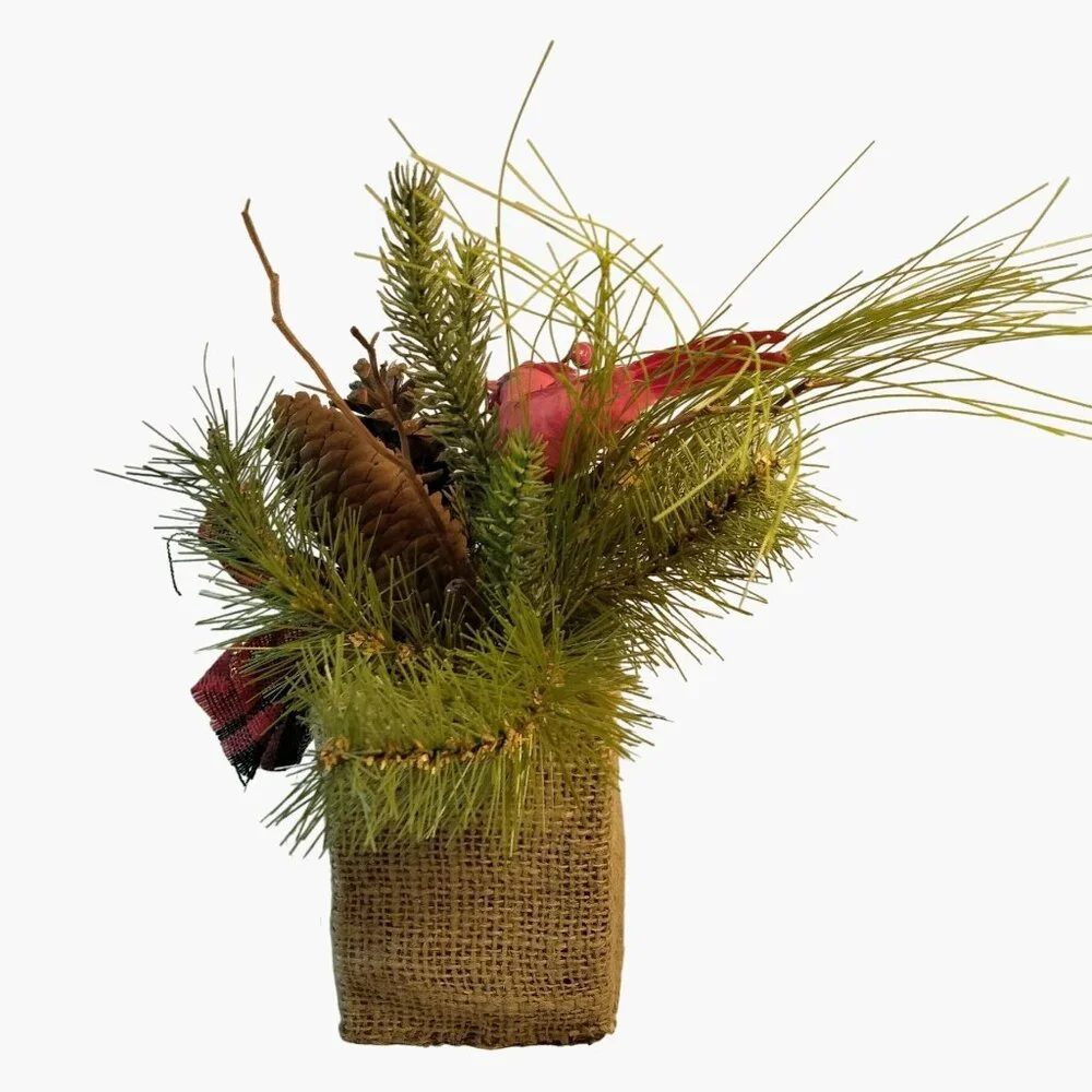 Rustic Burlap Christmas Evergreen Centerpiece Cardinal Pinecones Winter Decor